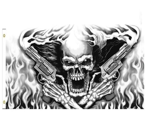 Skull with Flames and Smoking Six Shooters Guns Pistols 3 x 5 Black and White Display Flag