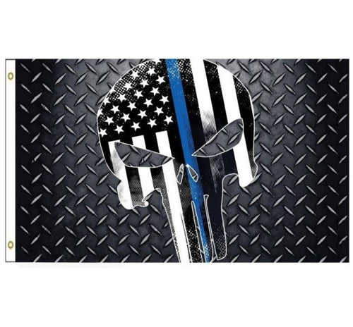 Blue Lives Matter Thin Blue Line Punisher Skull Diamond Plate Flag 3 x 5