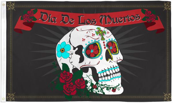 Sugar Skull - Day Of The Dead - Roses Display Flag - Full Sized 3ft x 5ft - Design#042