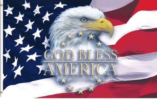 GOD BLESS AMERICA with Eagle overlay on an American Flag - Artistic Display Flag - 3ft x 5ft