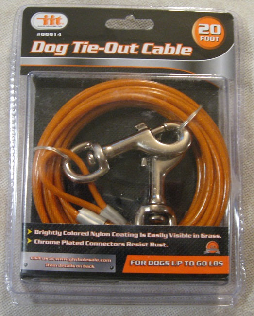 20' Dog Tie-Out Vinyl-Coated Galvanized Wire Cable - to 60lbs - Metal Swivel Snaps