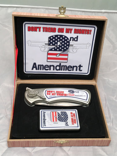 Wood Box Knife Set With Refillable Lighter - 2nd Amendment Gun Rights